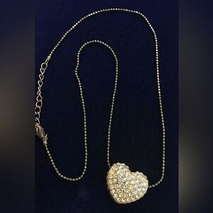 Vintage 1940s Silver Rhinestone Heart Pendant Necklace Valentines Love
